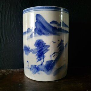 Large Vintage Chinese Brush Pot, Blue and White Chinoiserie Brush Pot 5.5 Inches